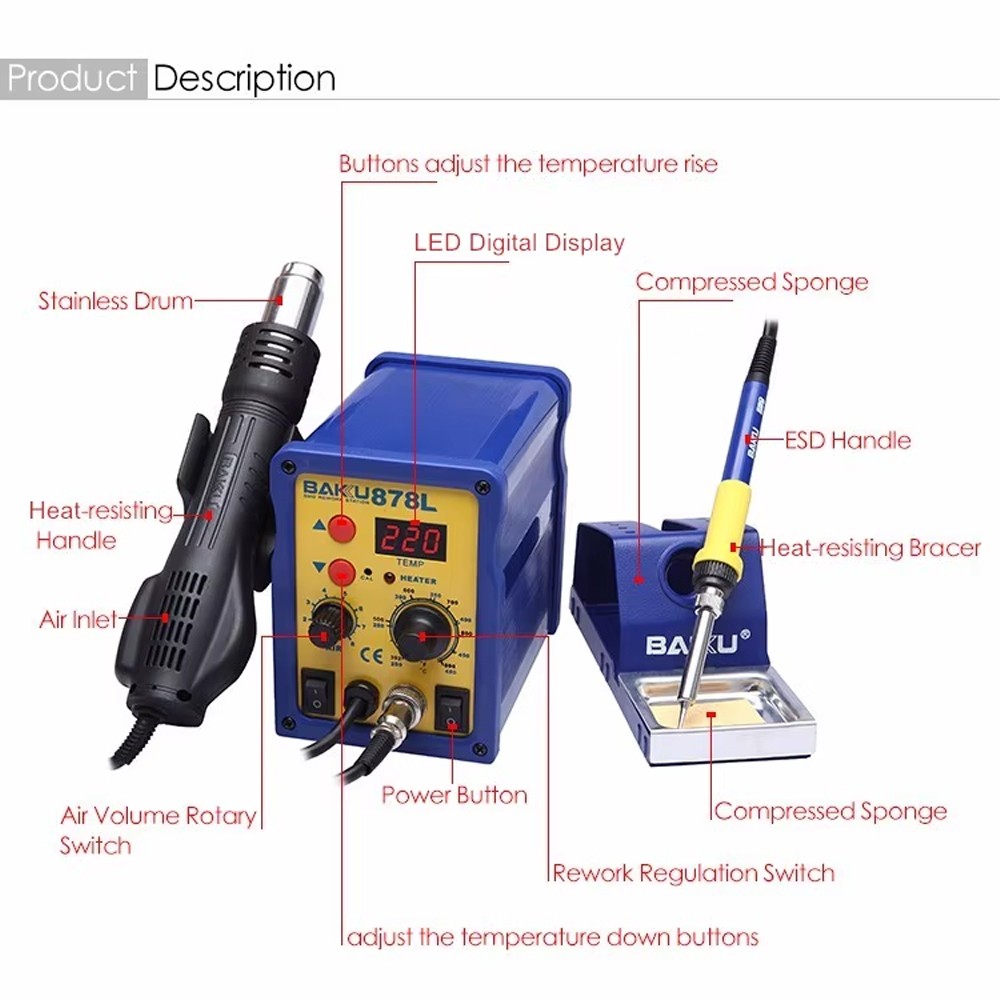 Σταθμός Θερμού Αέρα και Συγκόλλησης SMD Bakku BK-878 220V/AC